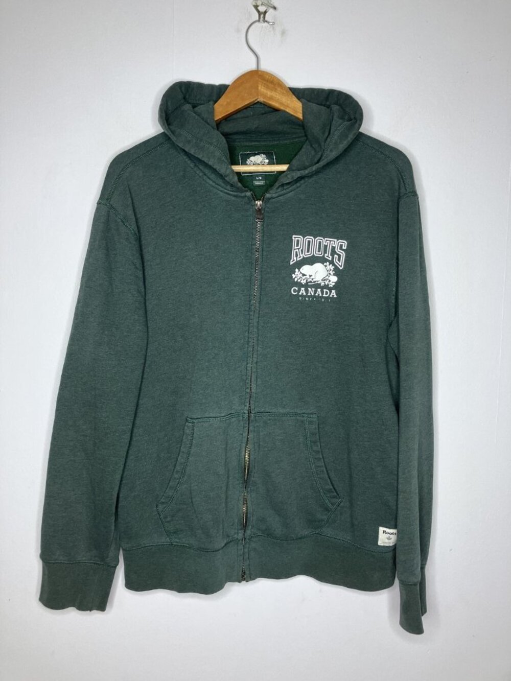 Roots Canada Men's Large Full Zip Hoodie Sweatshirt Green Beaver Logo